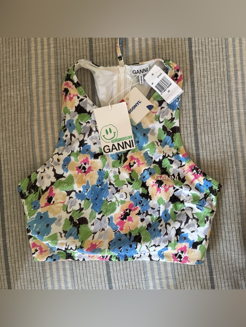 Ganni Floral Multicolor Racerback Crop swim Top